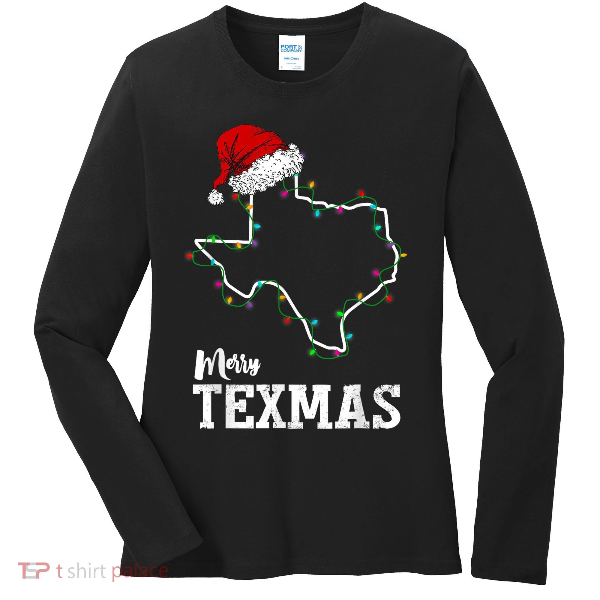 Merry Texmas Texas State Christmas Light Outline Santa Hat Women's Long Sleeve Shirt