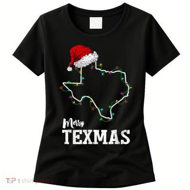Merry Texmas Texas State Christmas Light Outline Santa Hat Women's T-Shirt