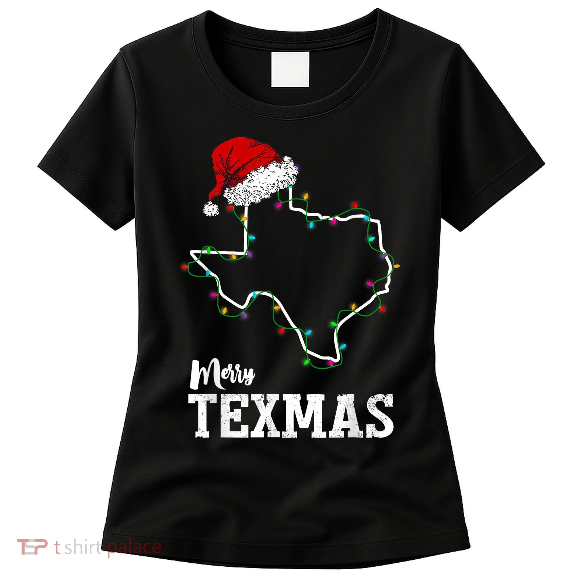 Merry Texmas Texas State Christmas Light Outline Santa Hat Women's T-Shirt
