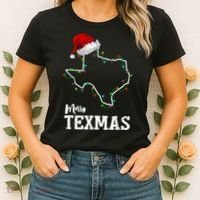 Merry Texmas Texas State Christmas Light Outline Santa Hat Women's T-Shirt thumb 2