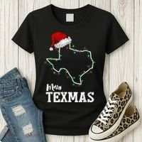 Merry Texmas Texas State Christmas Light Outline Santa Hat Women's T-Shirt thumb 3