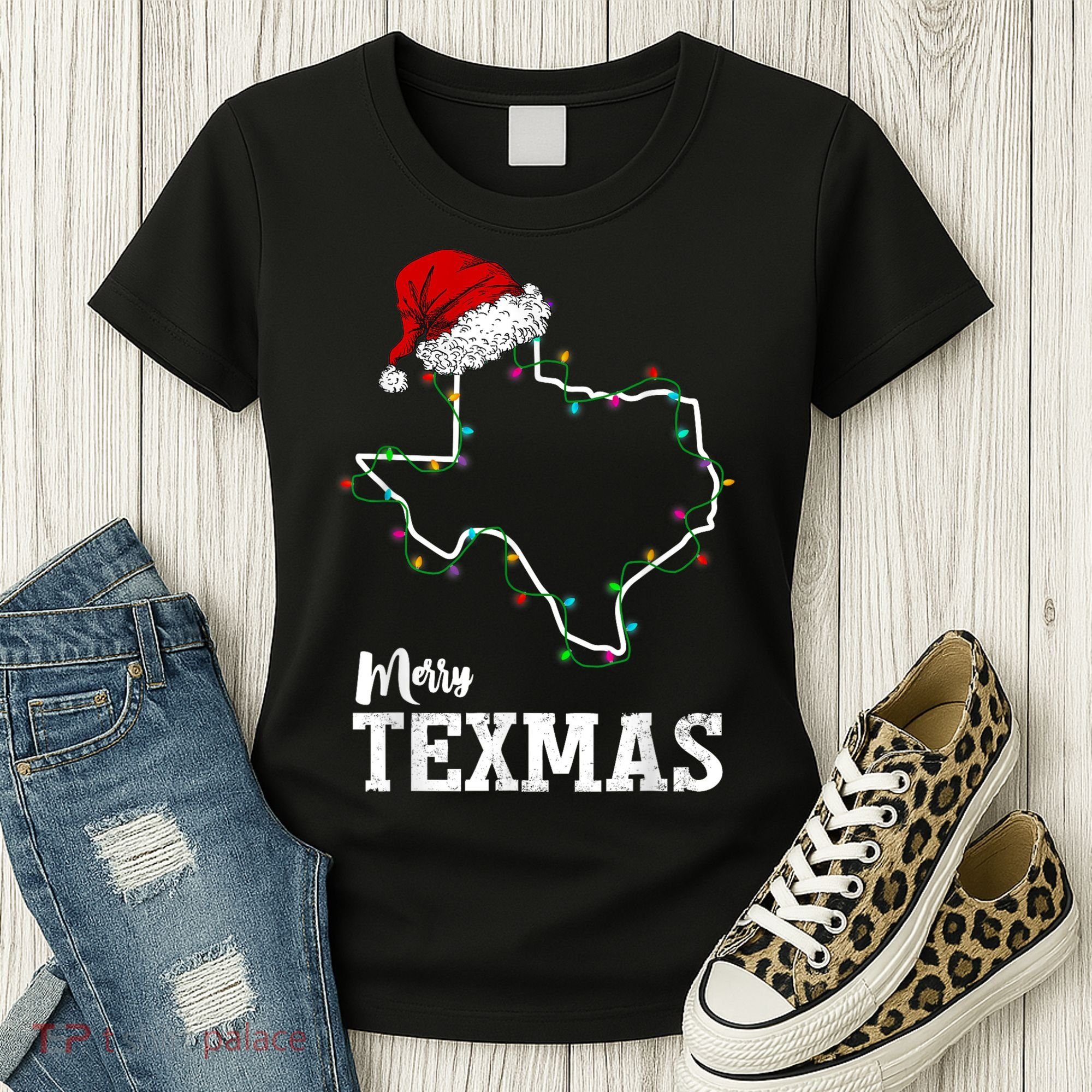 Merry Texmas Texas State Christmas Light Outline Santa Hat Women's T-Shirt