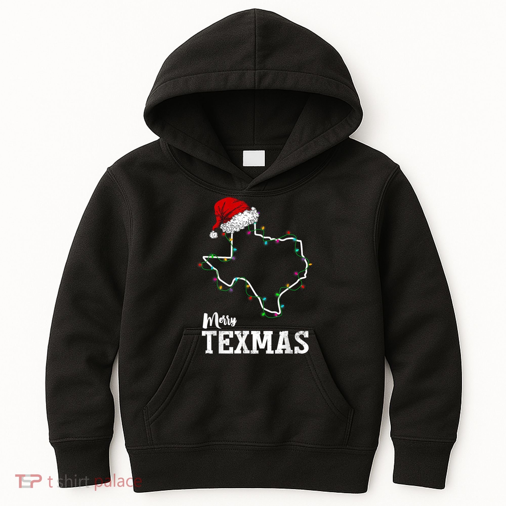 Merry Texmas Texas State Christmas Light Outline Santa Hat Kids Hoodie