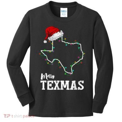 Merry Texmas Texas State Christmas Light Outline Santa Hat Kids Long Sleeve Shirt