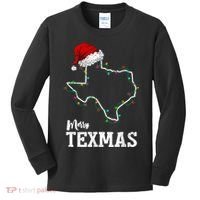 Merry Texmas Texas State Christmas Light Outline Santa Hat Kids Long Sleeve Shirt thumb 0