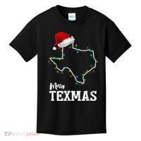 Merry Texmas Texas State Christmas Light Outline Santa Hat Kids T-Shirt thumb 0
