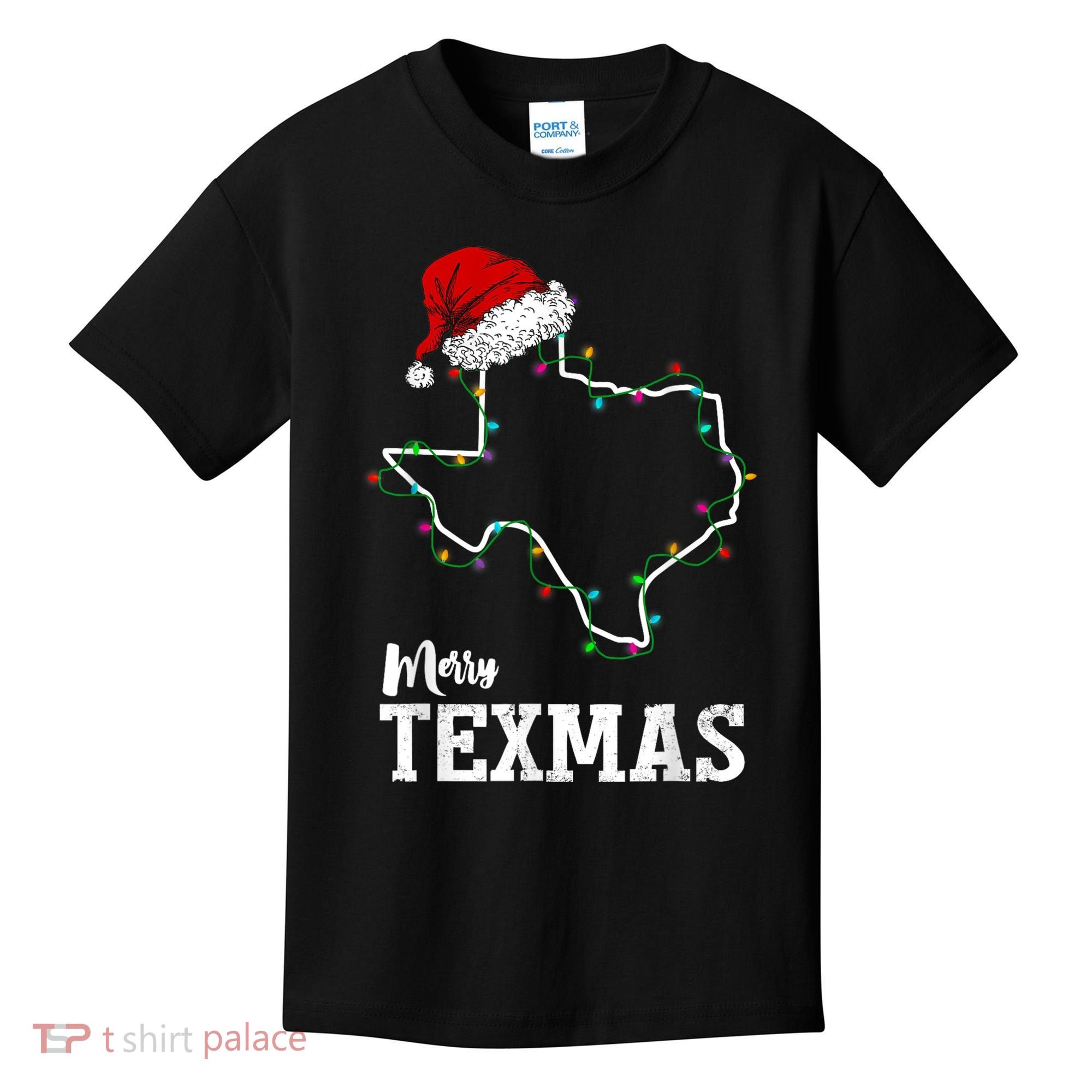 Merry Texmas Texas State Christmas Light Outline Santa Hat Kids T-Shirt