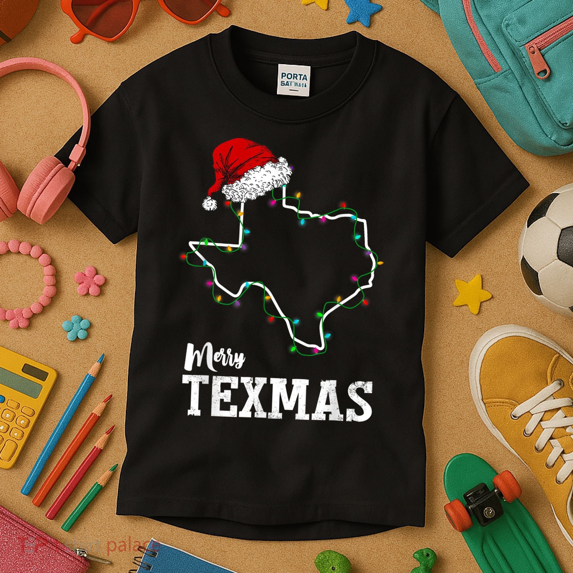 Merry Texmas Texas State Christmas Light Outline Santa Hat Kids T-Shirt