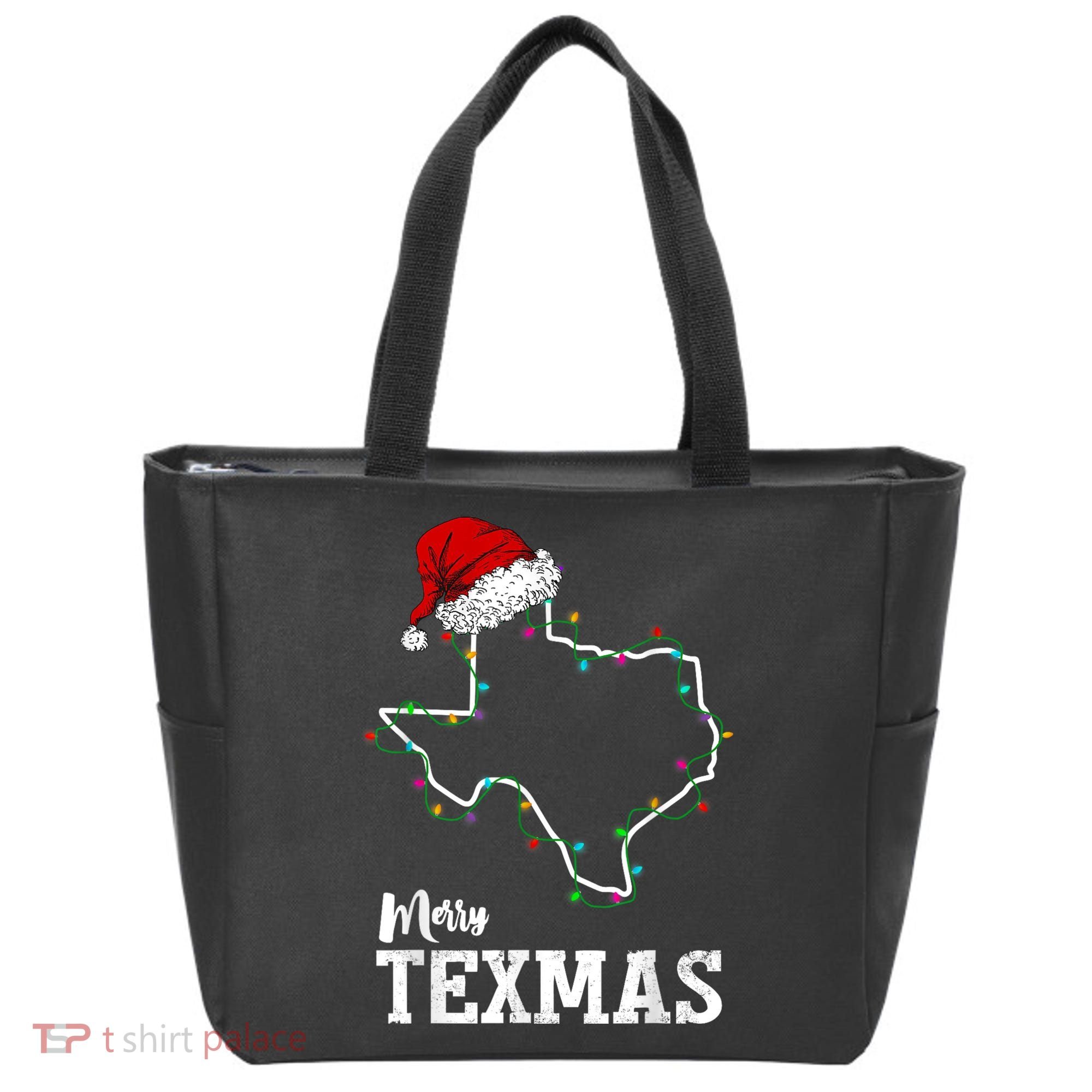 Merry Texmas Texas State Christmas Light Outline Santa Hat Tote Bag