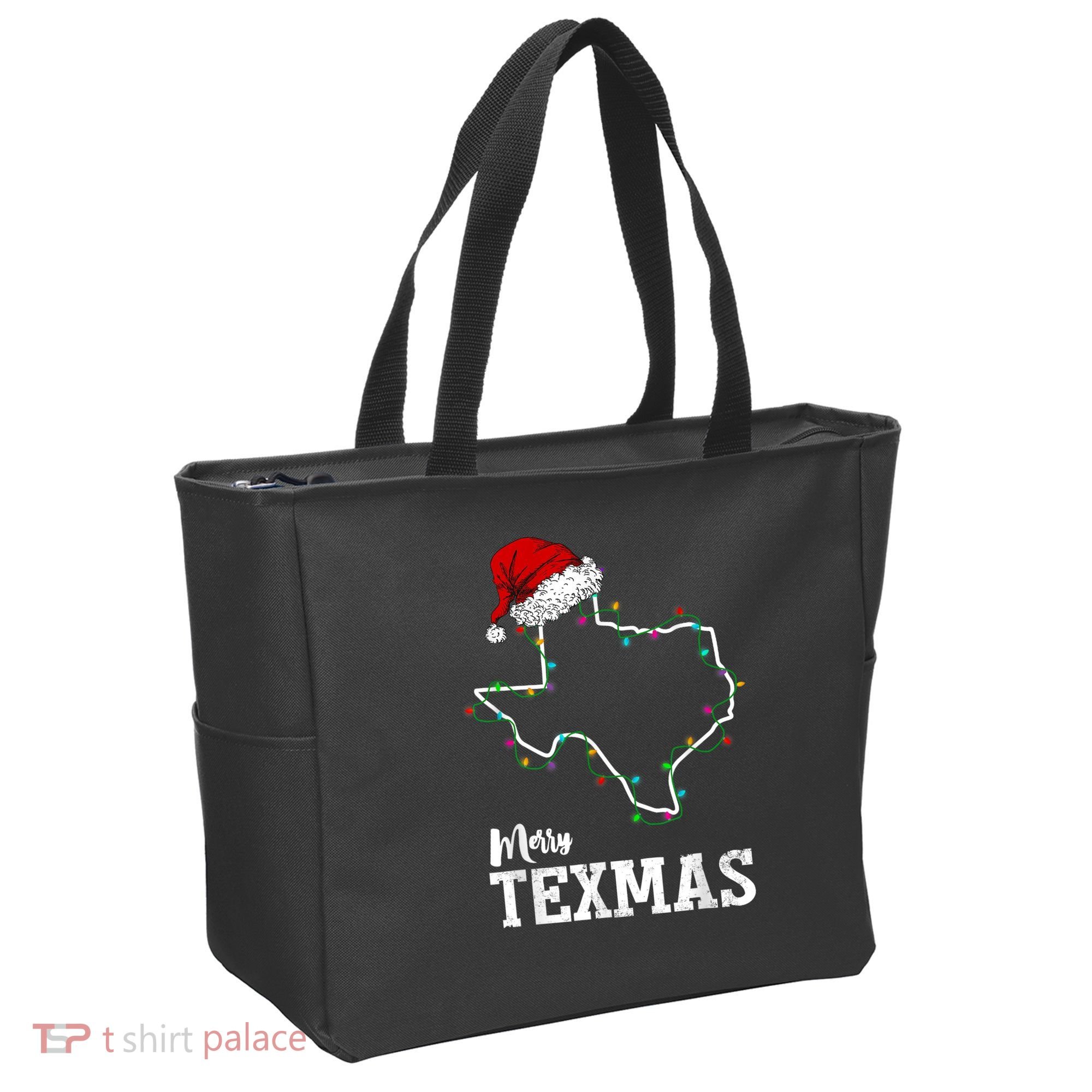 Merry Texmas Texas State Christmas Light Outline Santa Hat Tote Bag