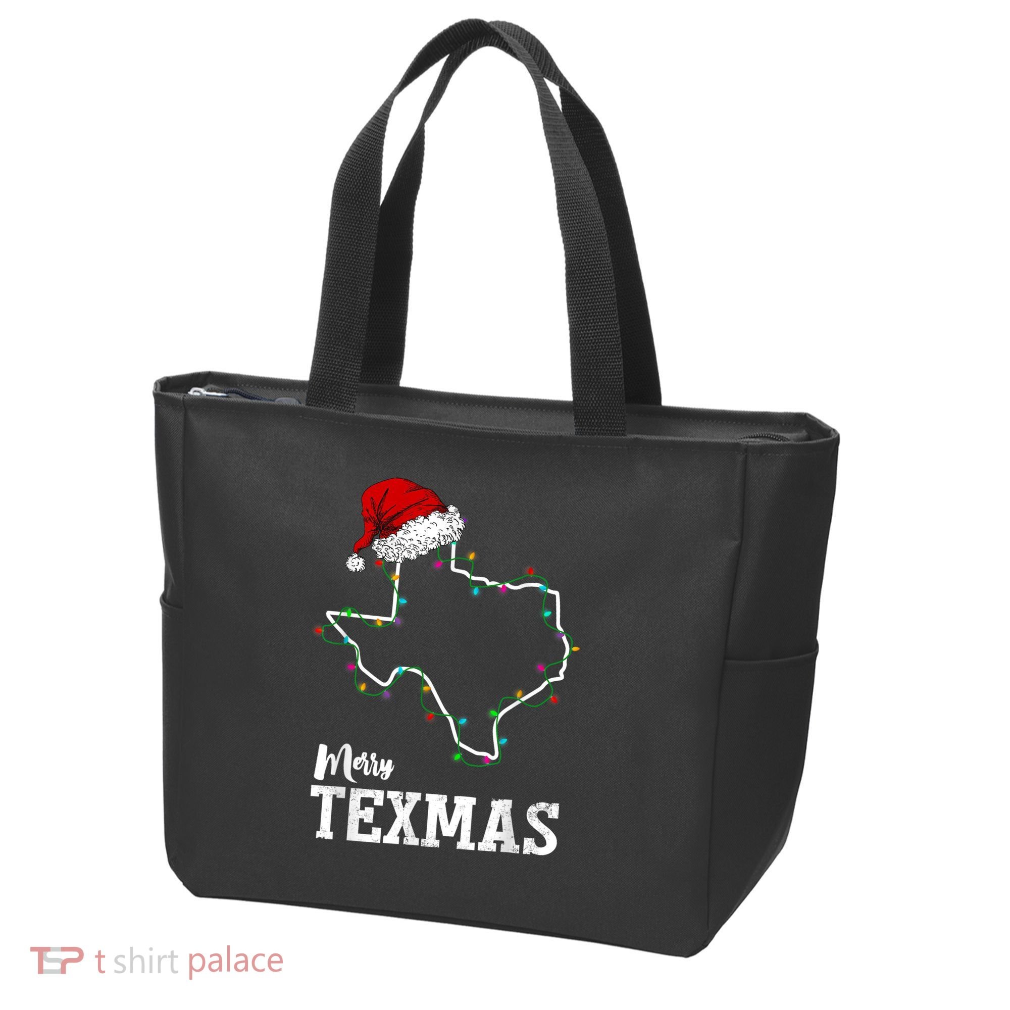 Merry Texmas Texas State Christmas Light Outline Santa Hat Tote Bag