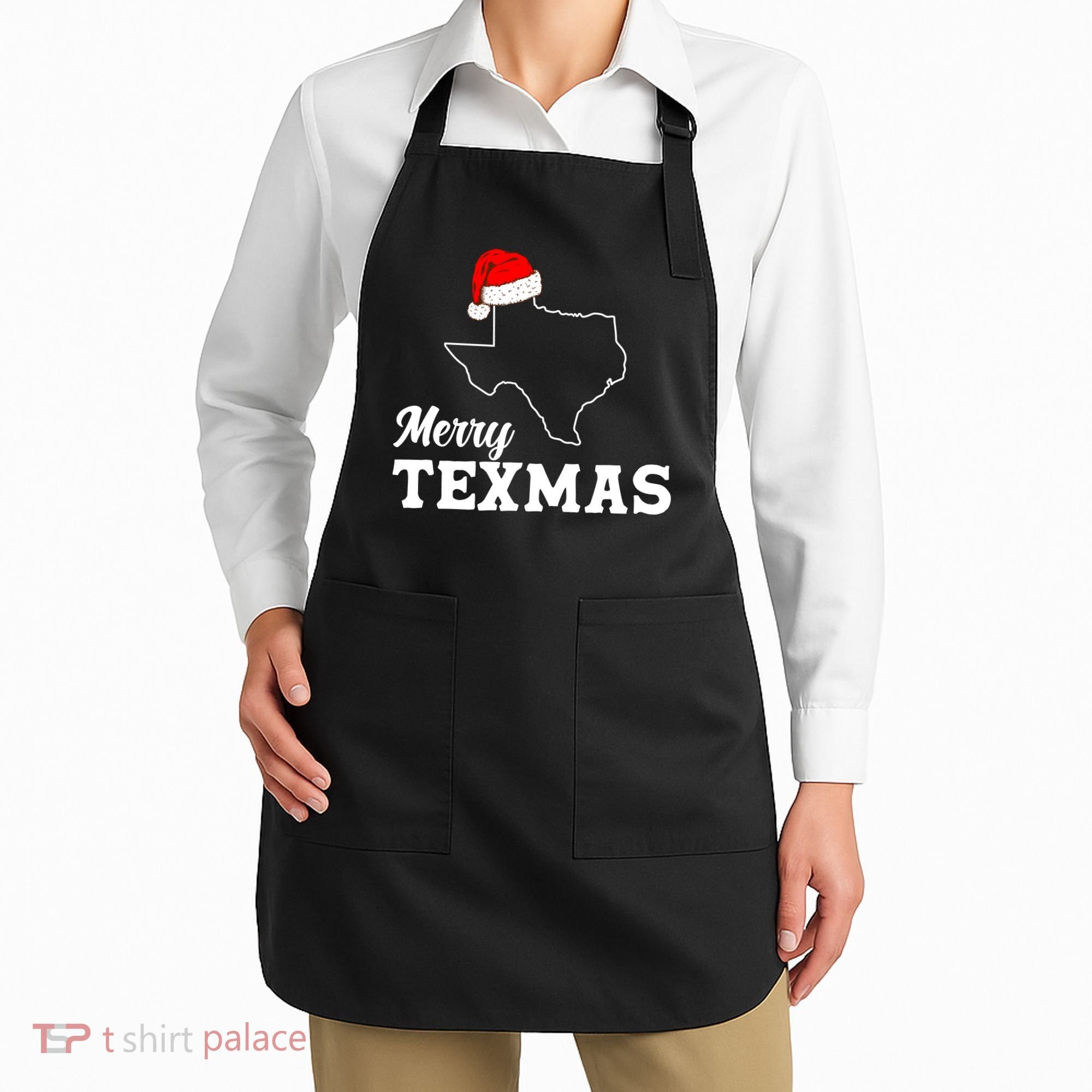 Merry Texmas Texas State Christmas Light Outline Santa Hat Apron