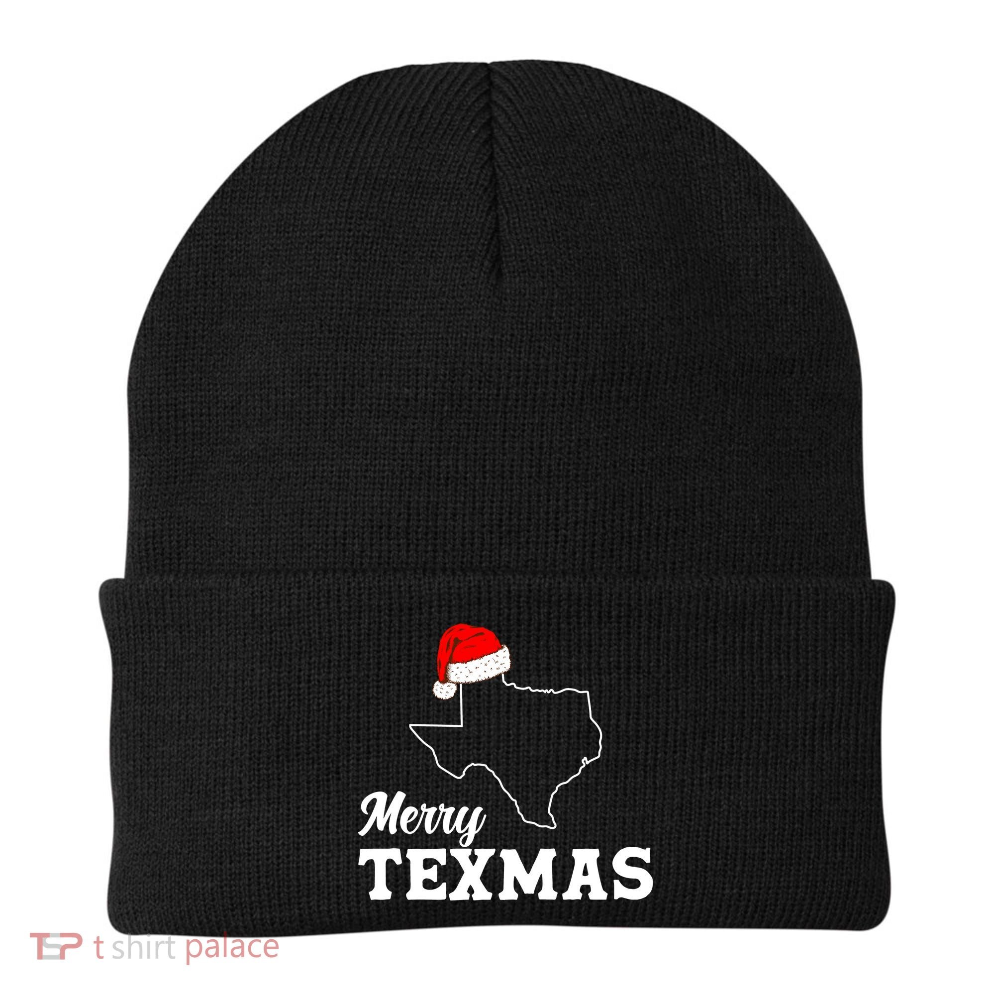 Merry Texmas Texas State Christmas Light Outline Santa Hat Beanie