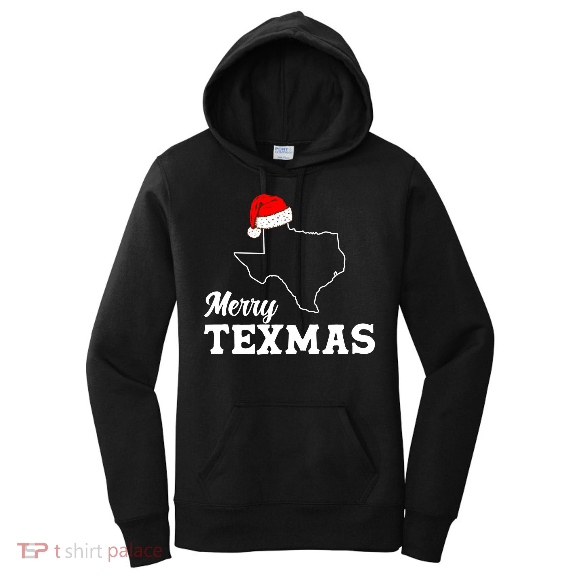 Merry Texmas Texas State Christmas Light Outline Santa Hat Women's Hoodie