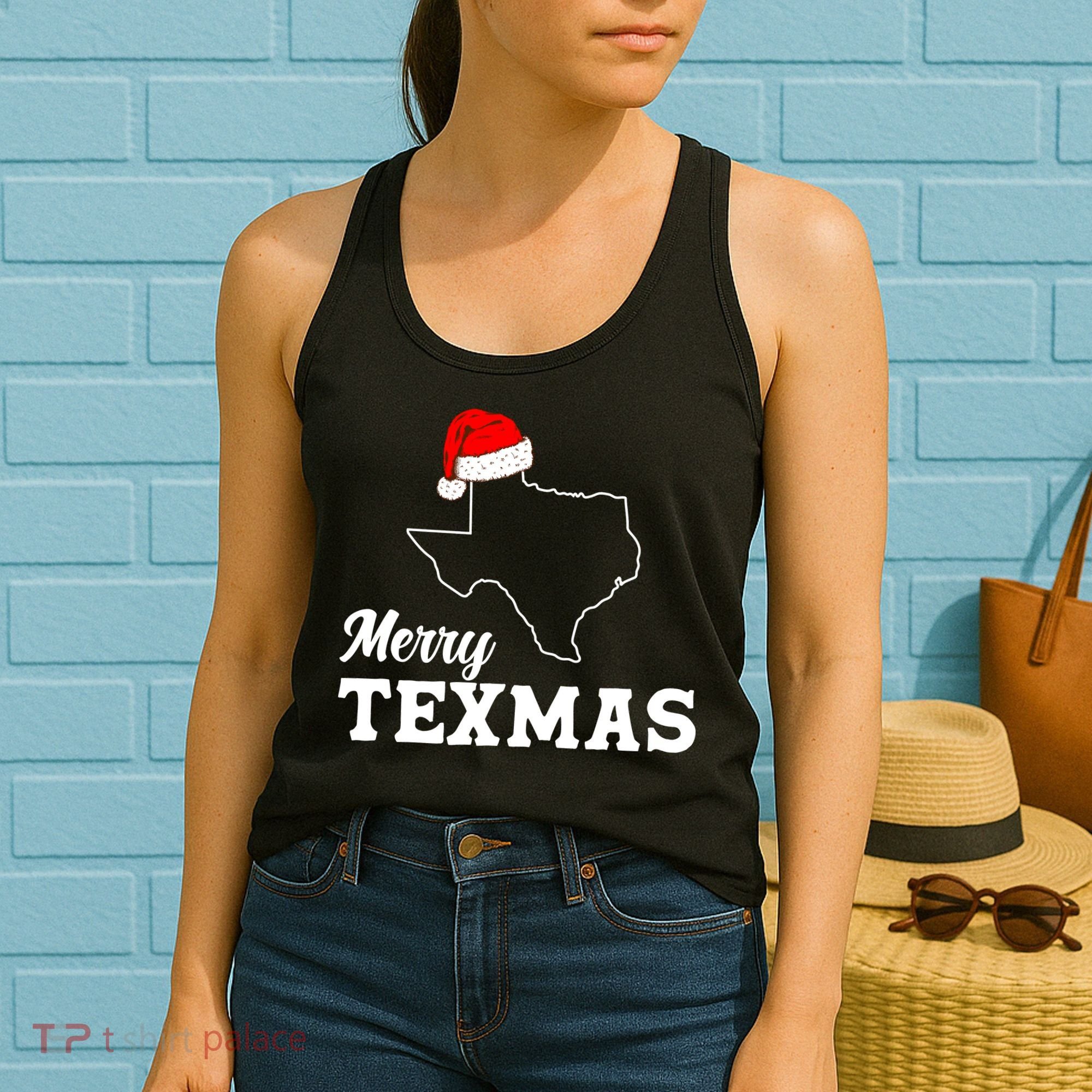 Merry Texmas Texas State Christmas Light Outline Santa Hat Women's Tank Top