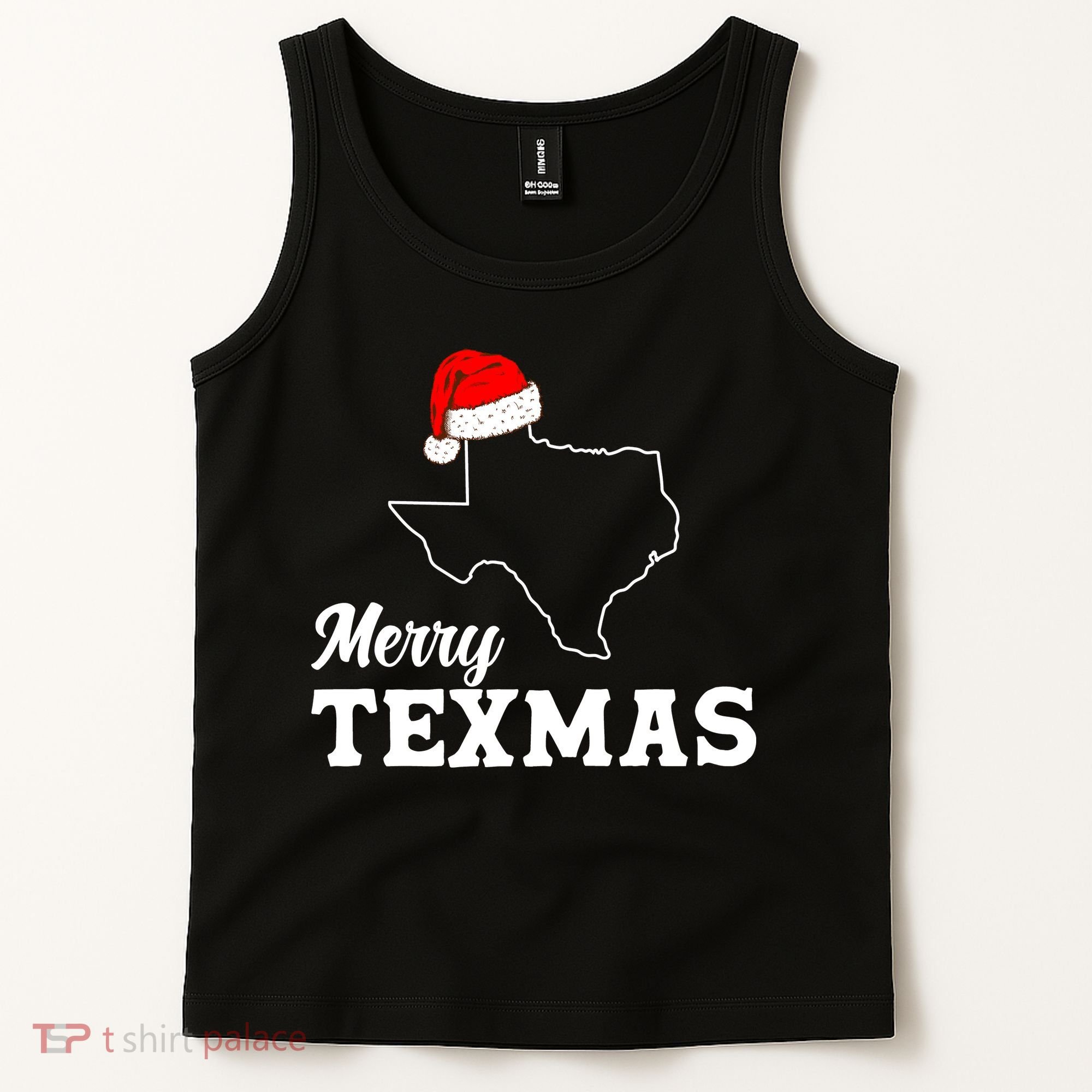 Merry Texmas Texas State Christmas Light Outline Santa Hat Tank Top