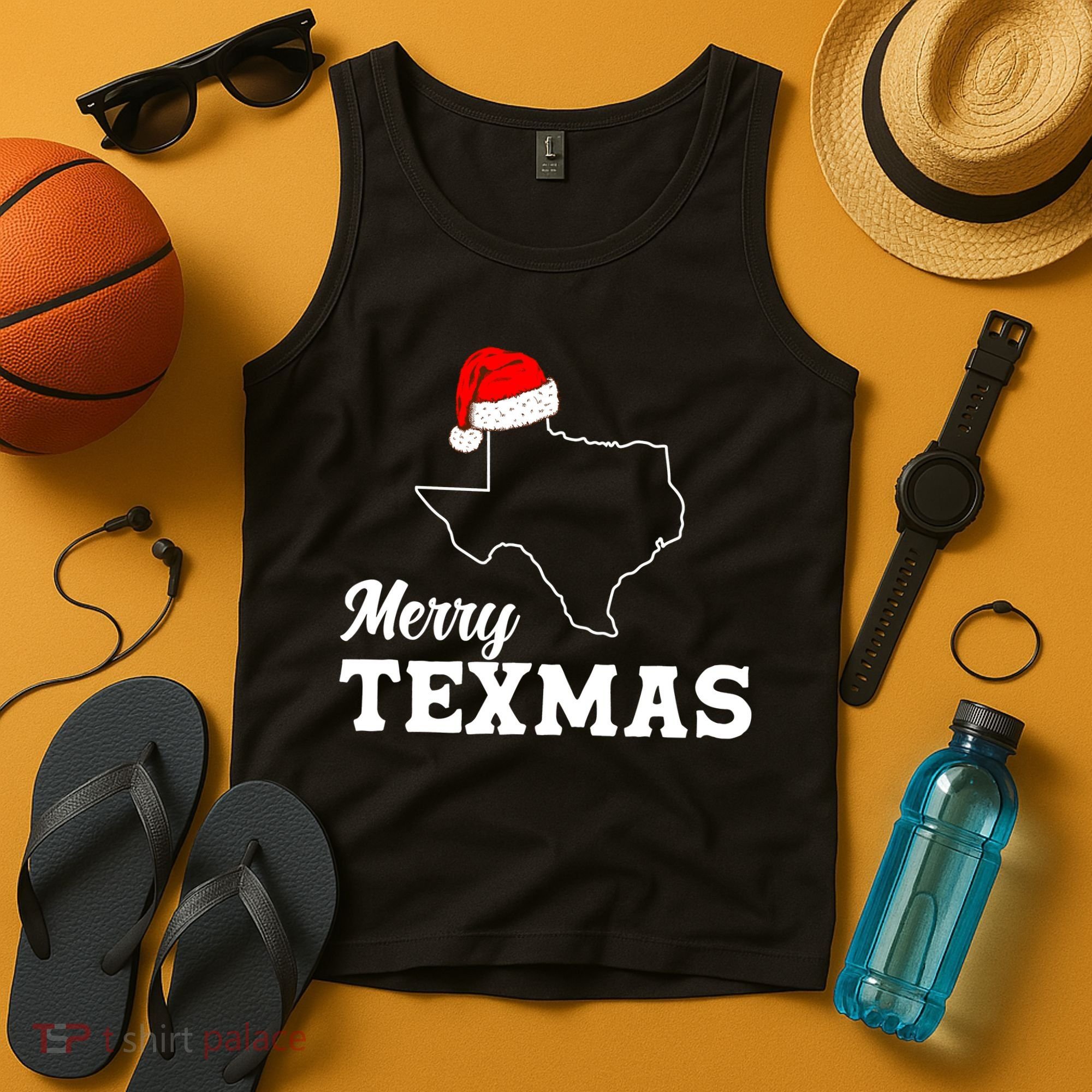Merry Texmas Texas State Christmas Light Outline Santa Hat Tank Top