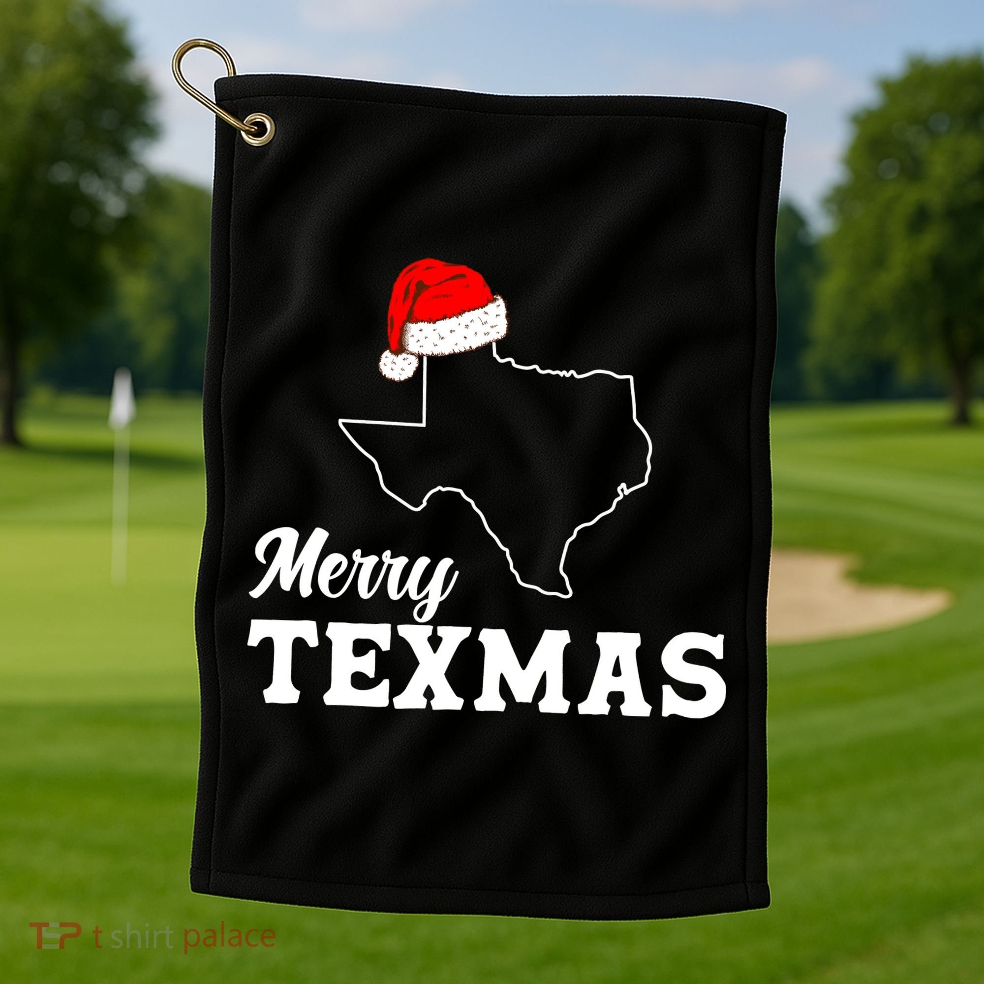 Merry Texmas Texas State Christmas Light Outline Santa Hat Golf Towel