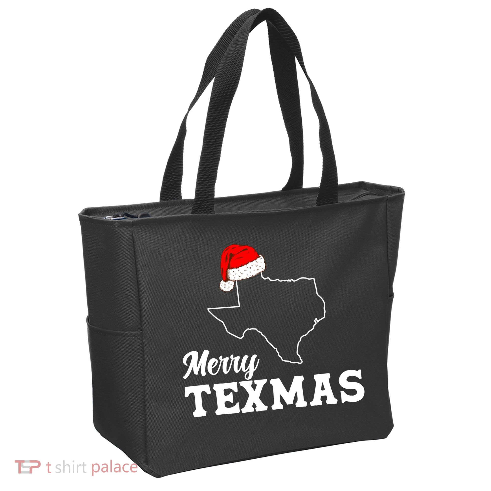 Merry Texmas Texas State Christmas Light Outline Santa Hat Tote Bag