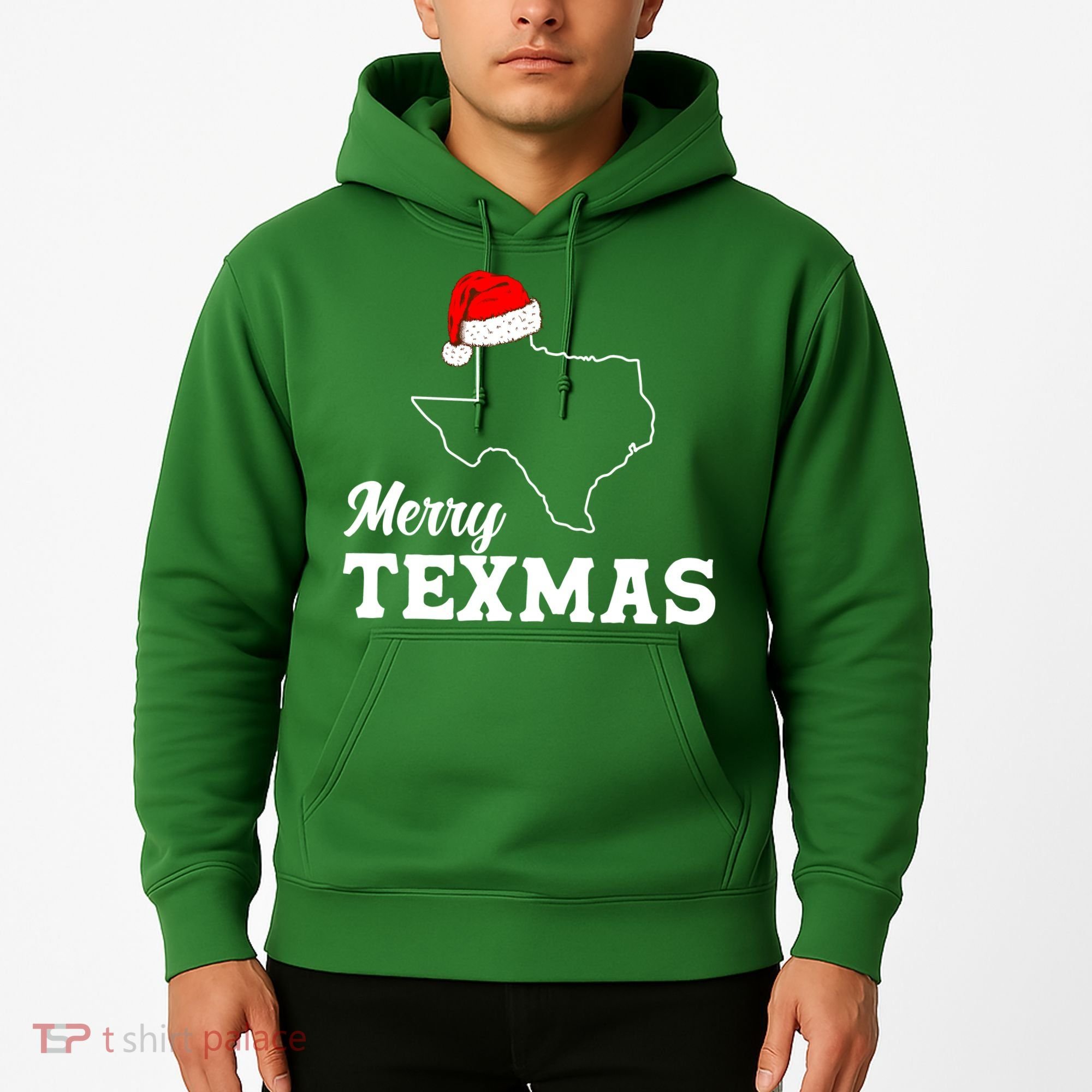 Merry Texmas Texas State Christmas Light Outline Santa Hat Hoodie