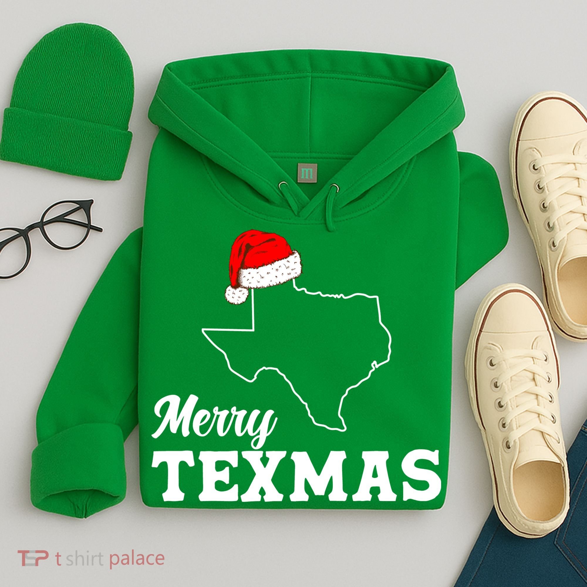 Merry Texmas Texas State Christmas Light Outline Santa Hat Hoodie