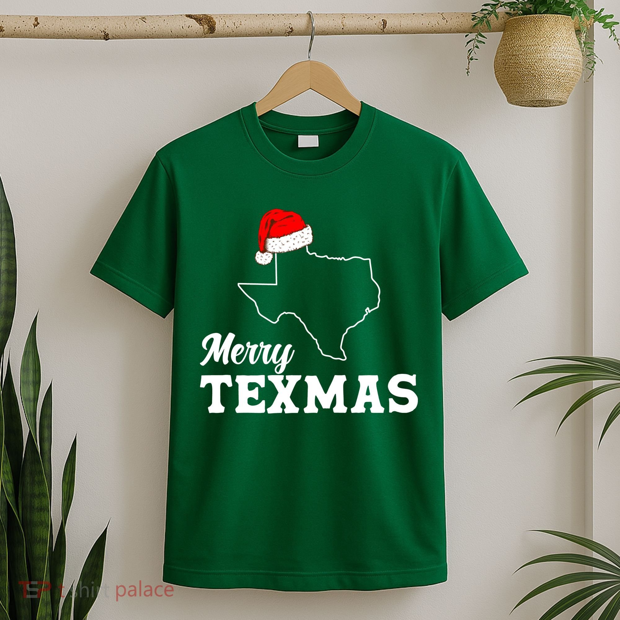 Merry Texmas Texas State Christmas Light Outline Santa Hat T-Shirt