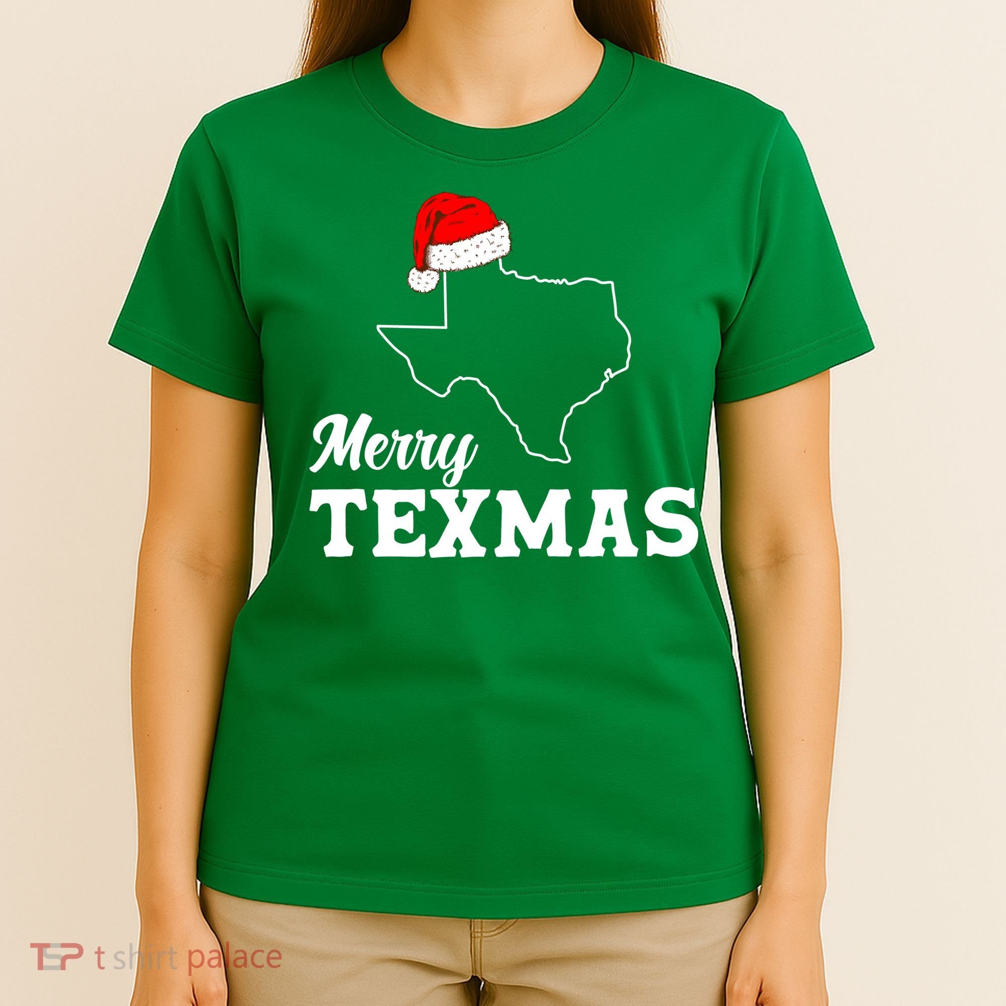 Merry Texmas Texas State Christmas Light Outline Santa Hat T-Shirt