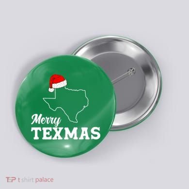 Merry Texmas Texas State Christmas Light Outline Santa Hat Button