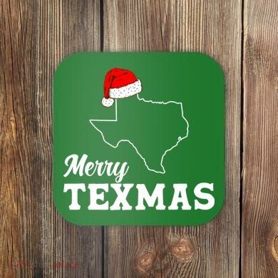 Merry Texmas Texas State Christmas Light Outline Santa Hat Coaster
