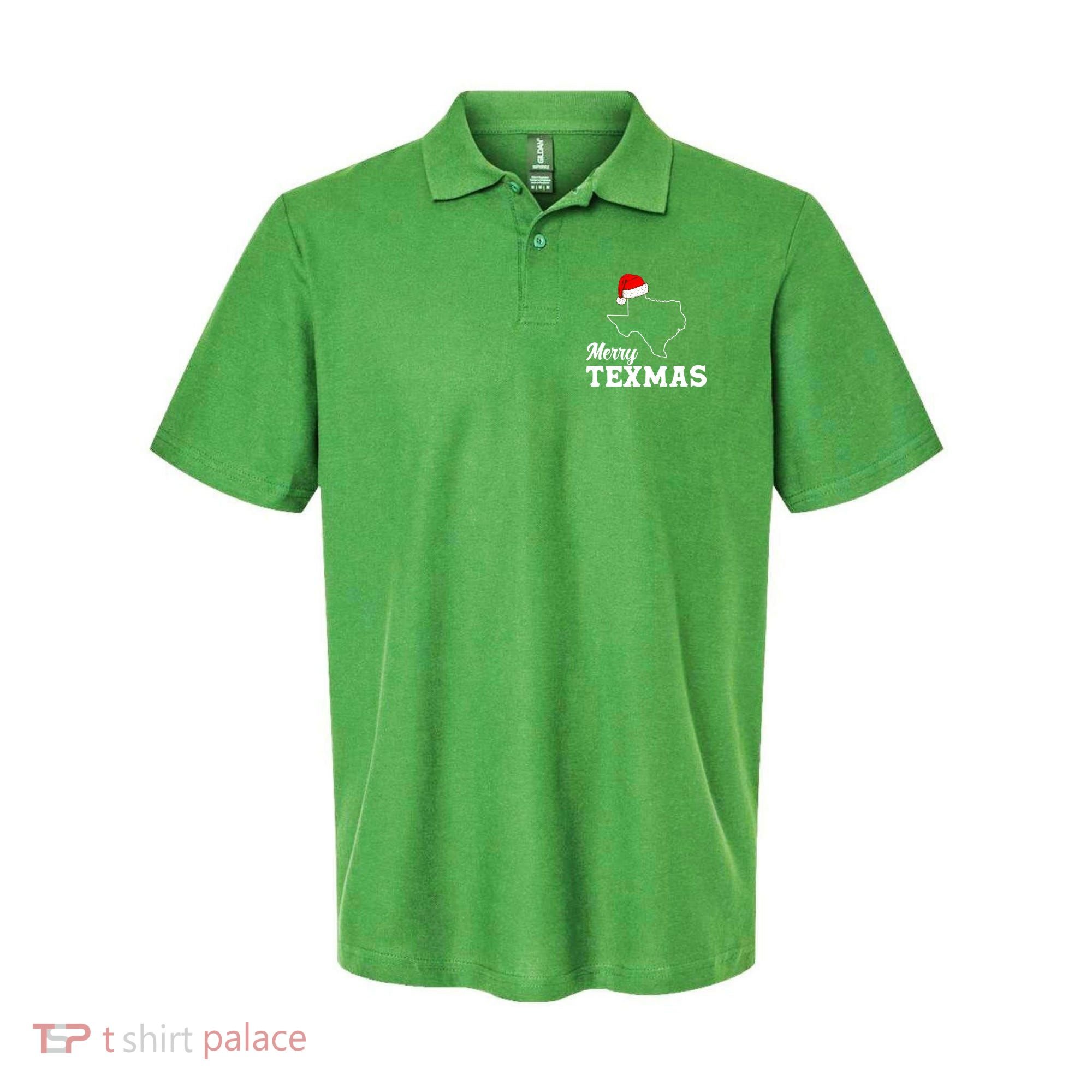 Merry Texmas Texas State Christmas Light Outline Santa Hat Polo