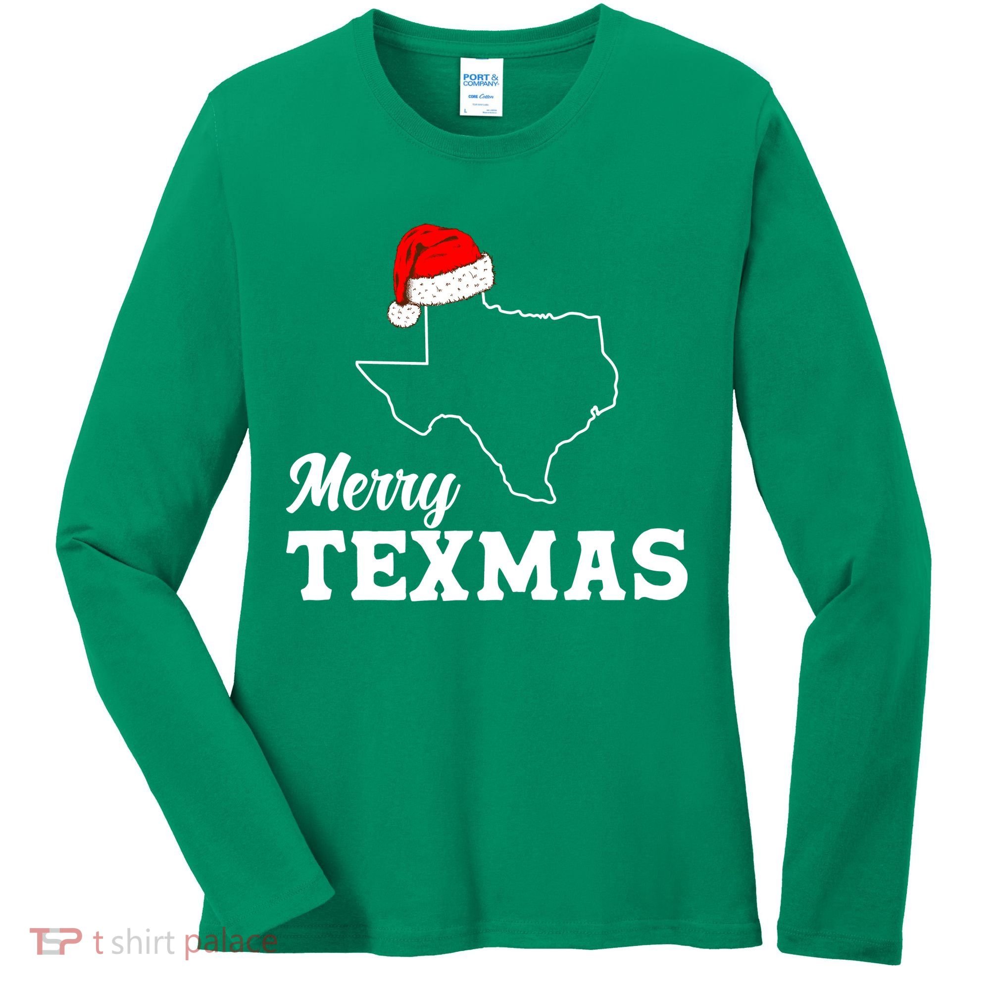 Merry Texmas Texas State Christmas Light Outline Santa Hat Women's Long Sleeve Shirt