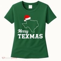 Merry Texmas Texas State Christmas Light Outline Santa Hat Women's T-Shirt thumb 0