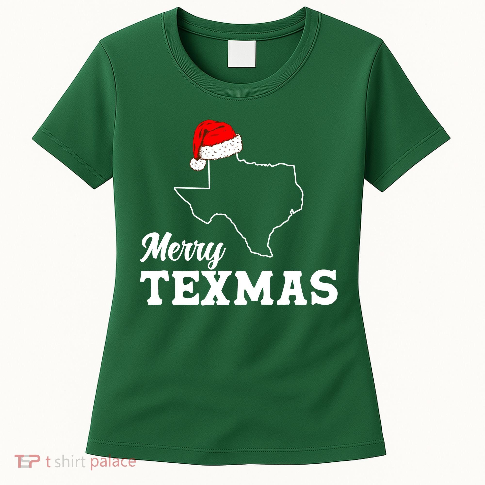 Merry Texmas Texas State Christmas Light Outline Santa Hat Women's T-Shirt