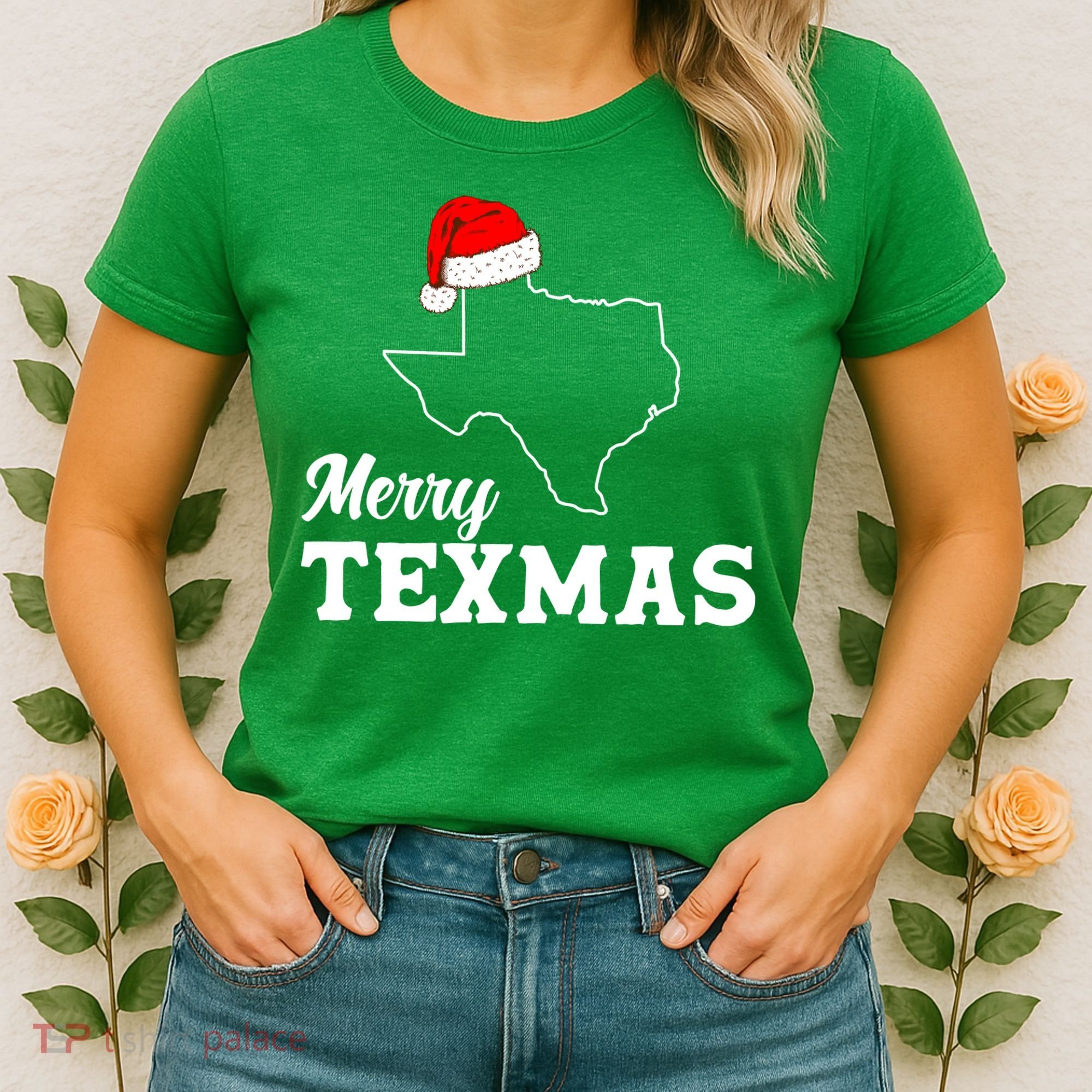 Merry Texmas Texas State Christmas Light Outline Santa Hat Women's T-Shirt