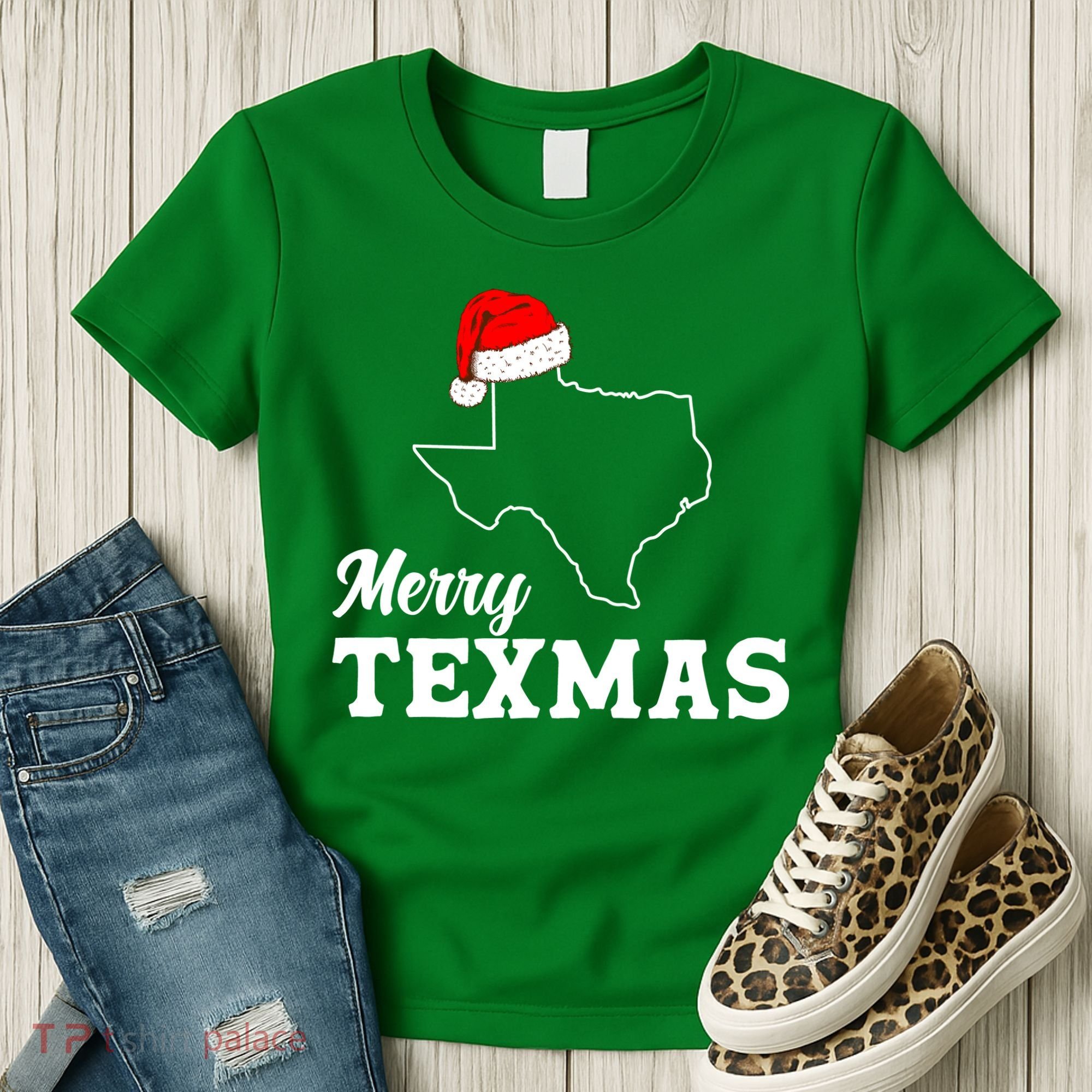Merry Texmas Texas State Christmas Light Outline Santa Hat Women's T-Shirt