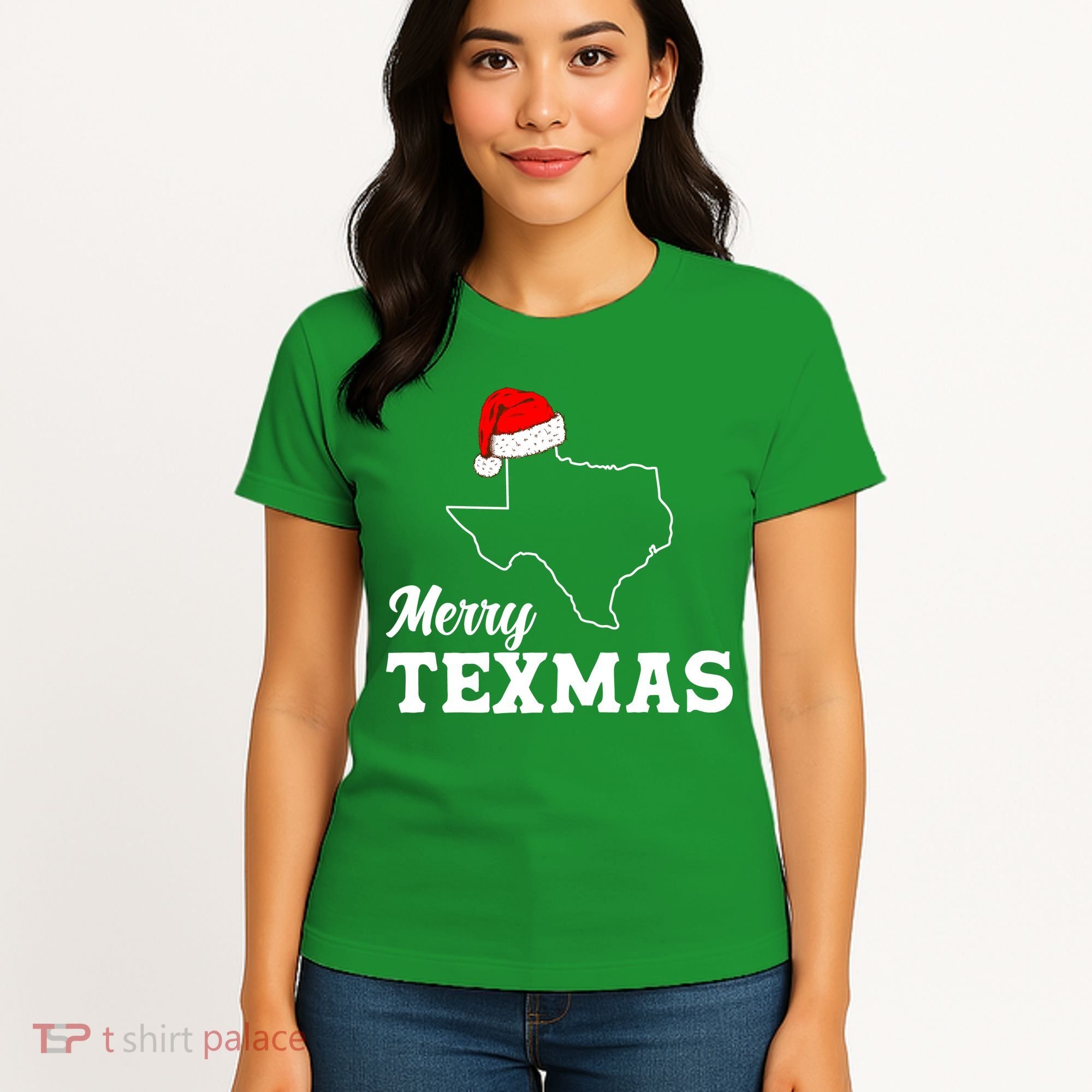 Merry Texmas Texas State Christmas Light Outline Santa Hat Women's T-Shirt