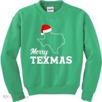 Merry Texmas Texas State Christmas Light Outline Santa Hat Kids Sweatshirt thumb 0
