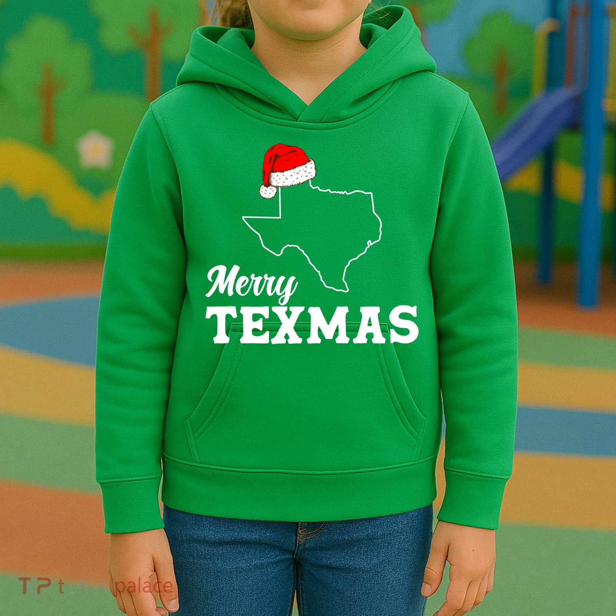 Merry Texmas Texas State Christmas Light Outline Santa Hat Kids Hoodie