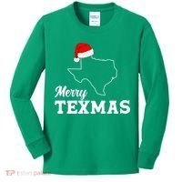 Merry Texmas Texas State Christmas Light Outline Santa Hat Kids Long Sleeve Shirt thumb 0
