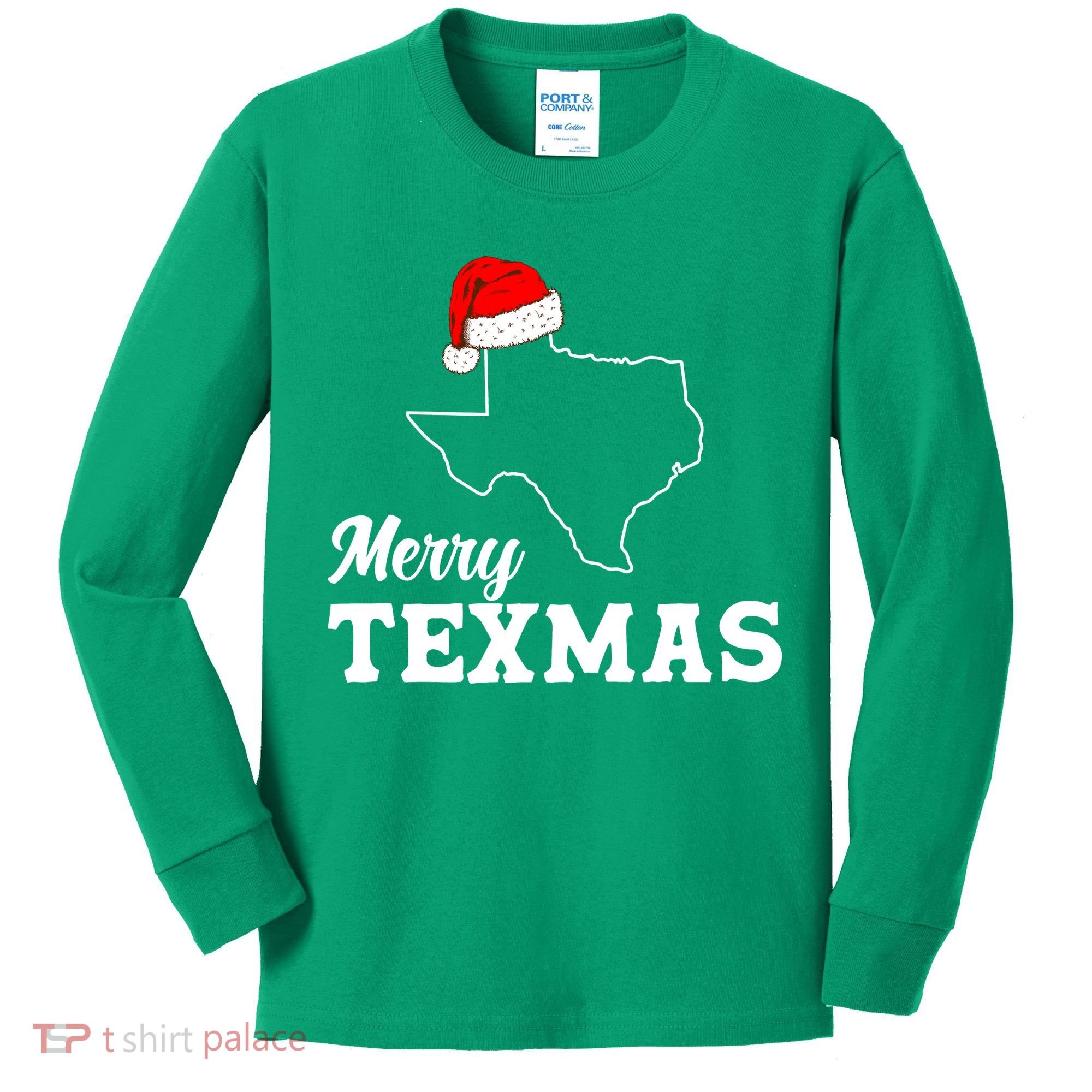 Merry Texmas Texas State Christmas Light Outline Santa Hat Kids Long Sleeve Shirt