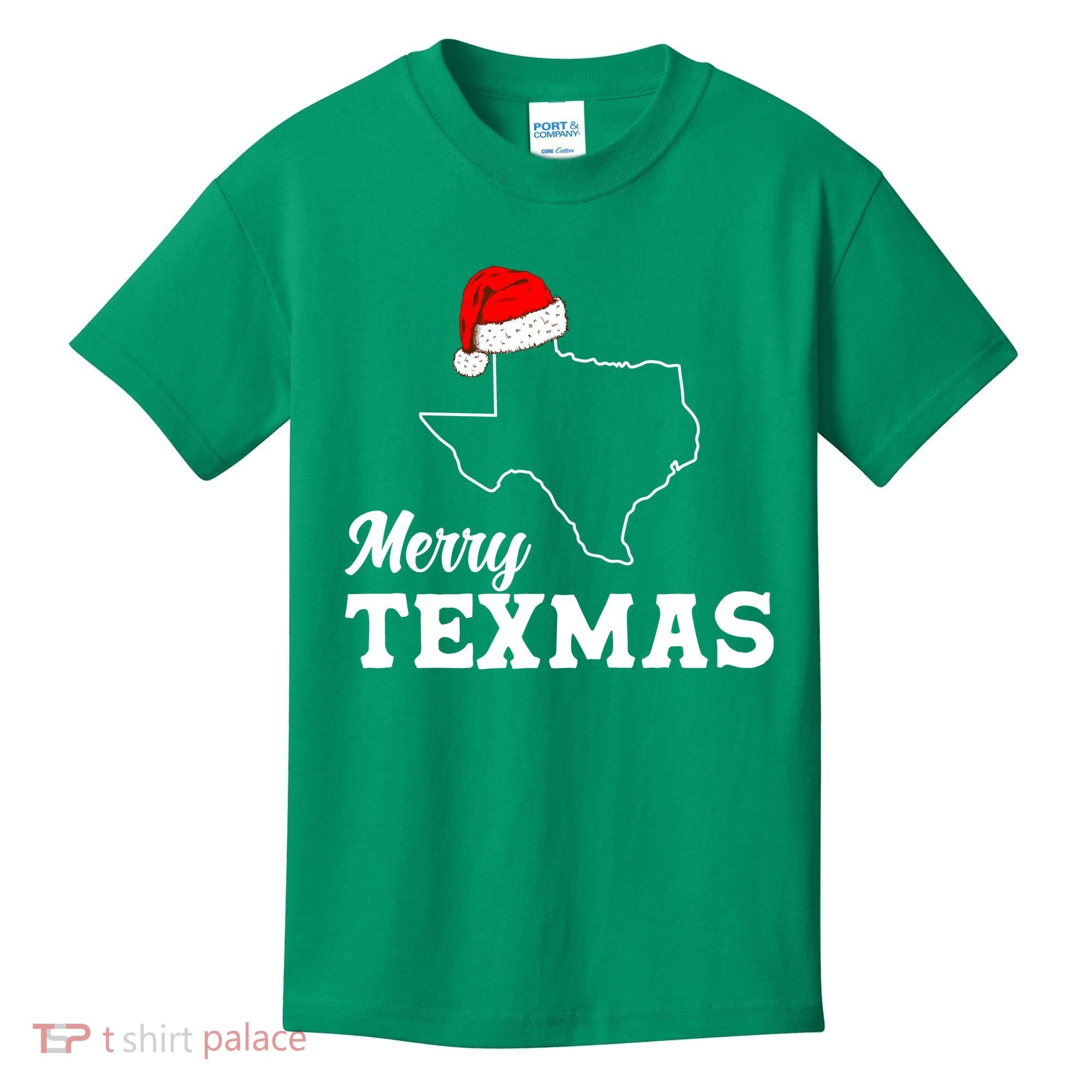 Merry Texmas Texas State Christmas Light Outline Santa Hat Kids T-Shirt