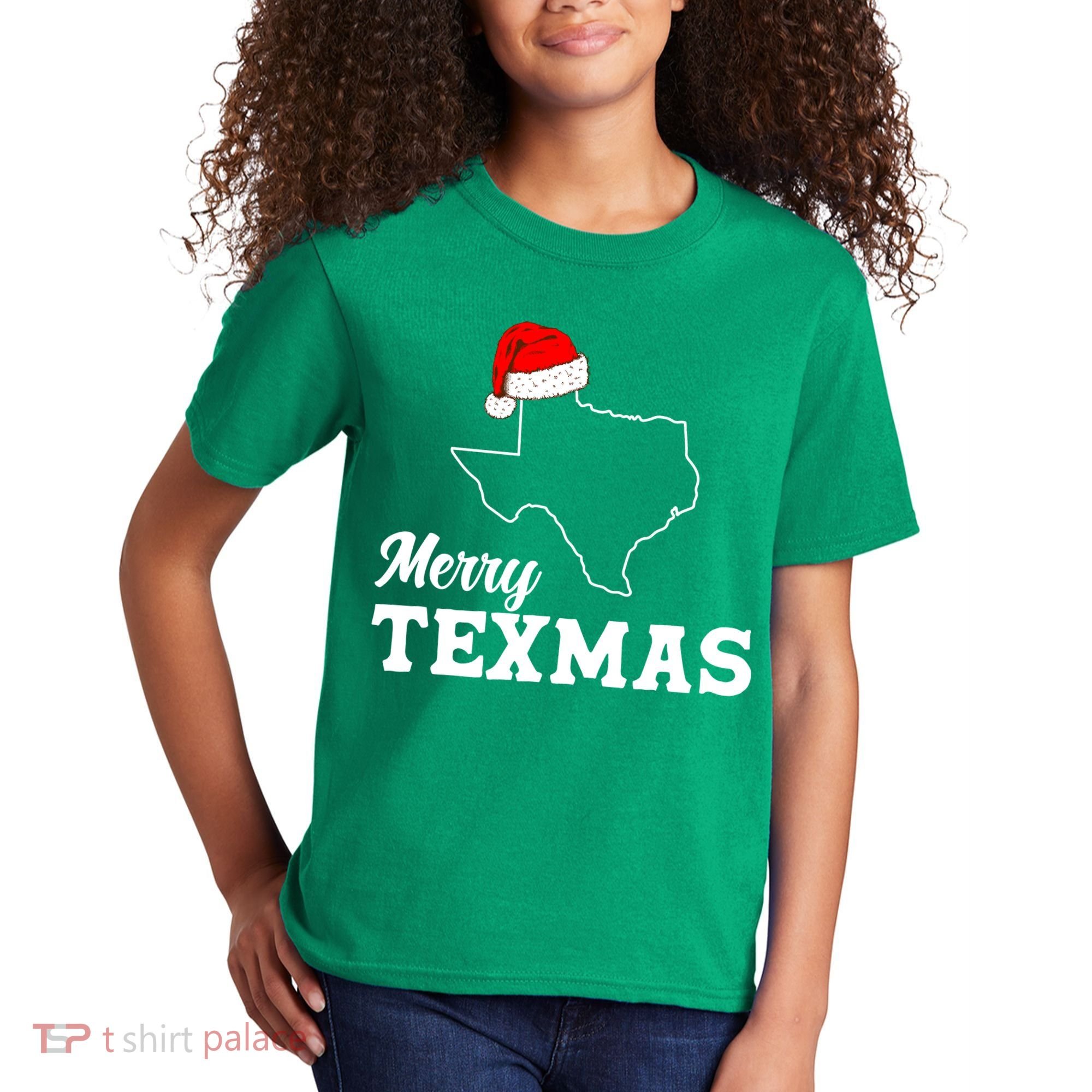 Merry Texmas Texas State Christmas Light Outline Santa Hat Kids T-Shirt
