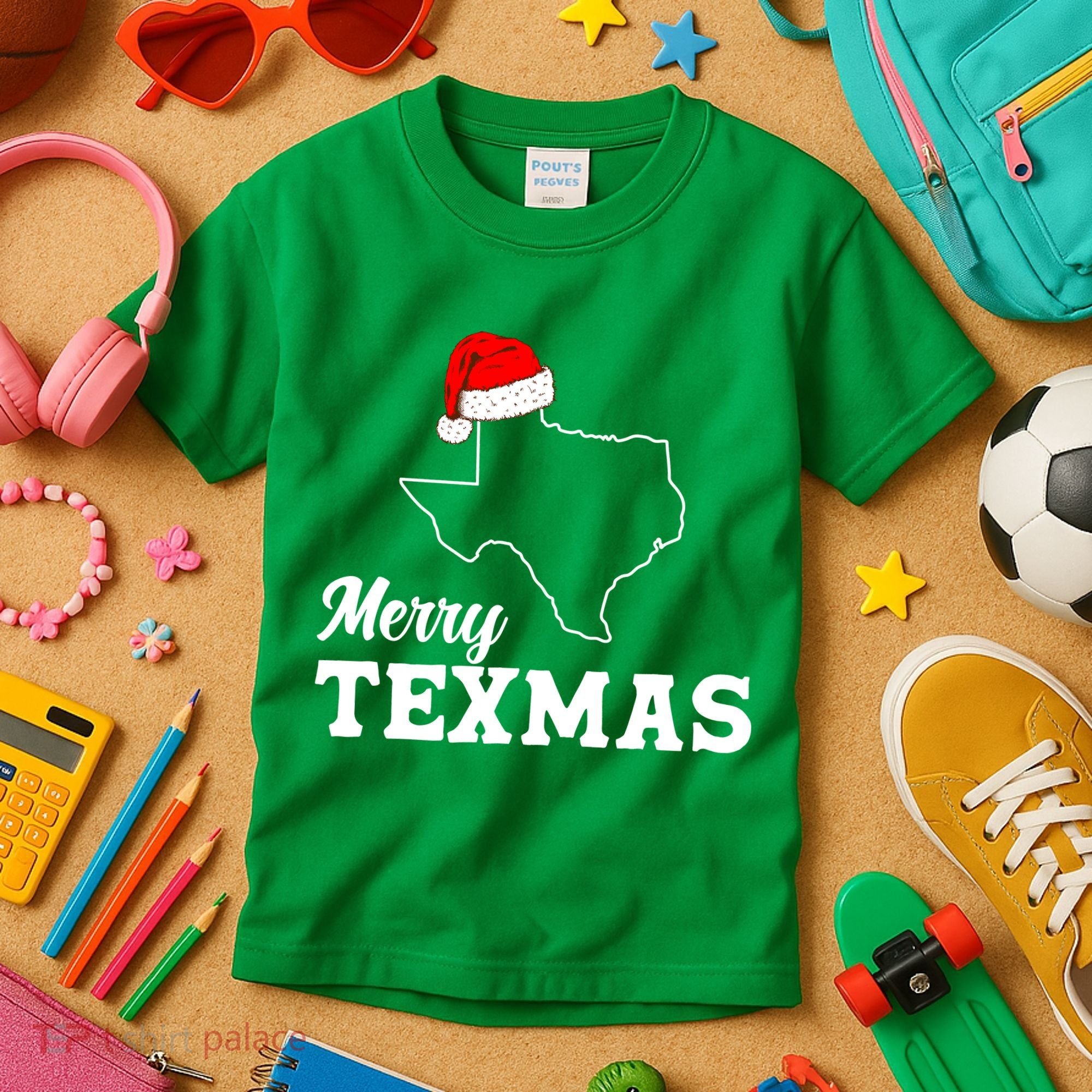 Merry Texmas Texas State Christmas Light Outline Santa Hat Kids T-Shirt