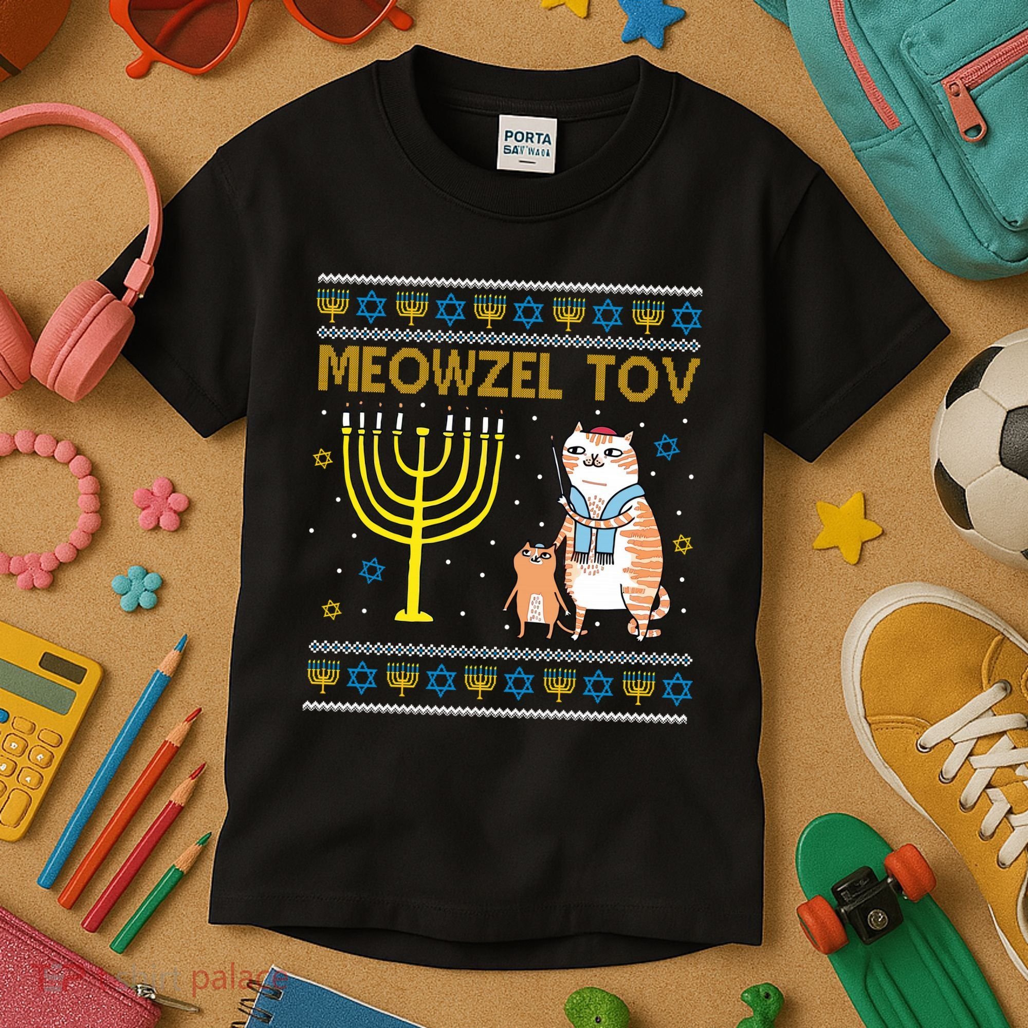 Meowzel Tov Ugly Hanukkah Cat Funny Kids T-Shirt