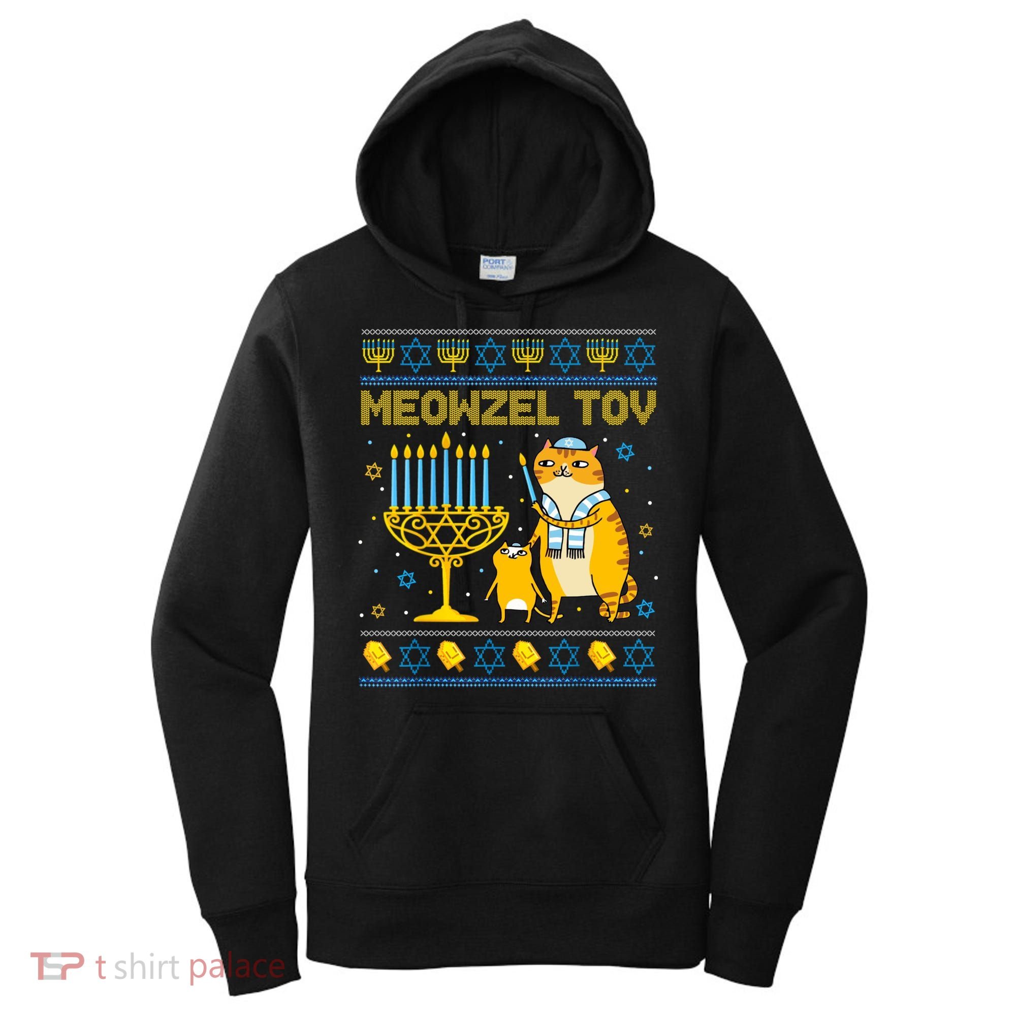Meowzel Tov Ugly Hanukkah Sweater Cat Chanukah Jew Menorah Women's Hoodie