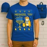 Meowzel Tov Ugly Hanukkah Sweater Cat Chanukah Jew Menorah T-Shirt thumb 6