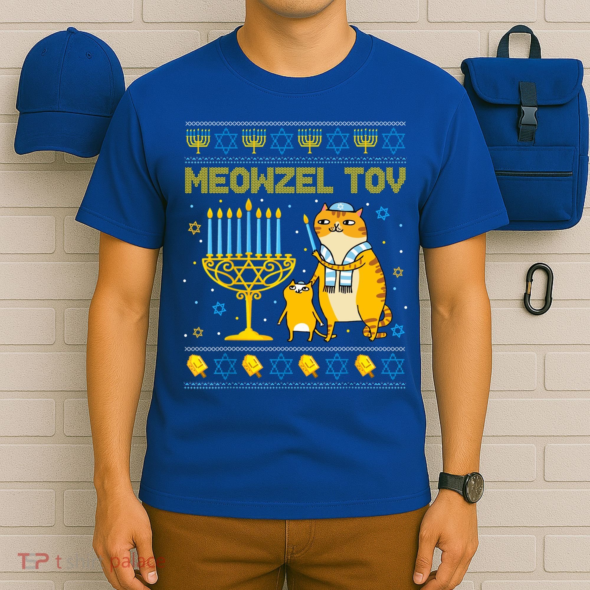 Meowzel Tov Ugly Hanukkah Sweater Cat Chanukah Jew Menorah T-Shirt