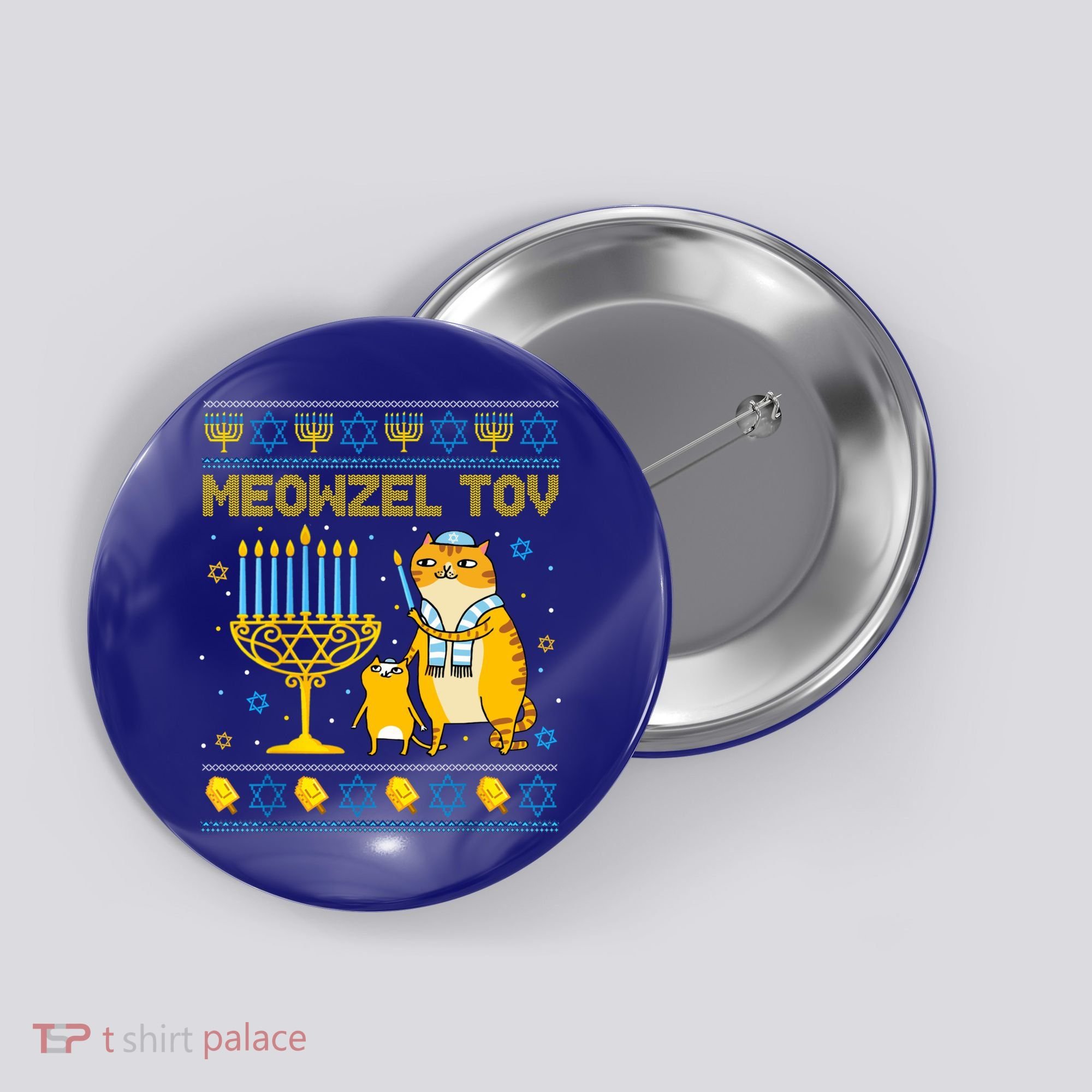 Meowzel Tov Ugly Hanukkah Sweater Cat Chanukah Jew Menorah Button