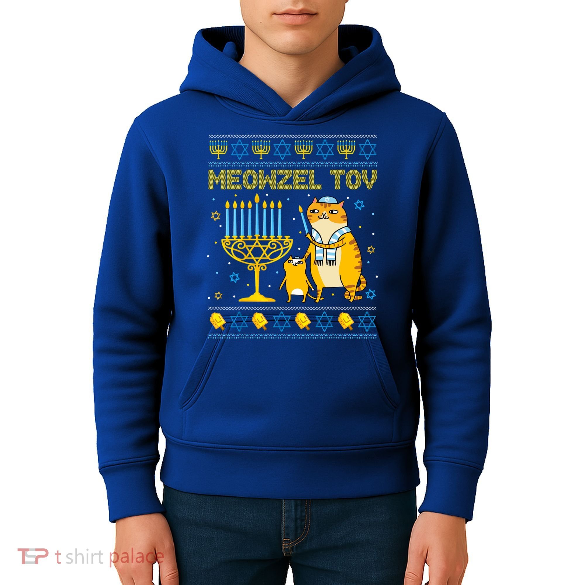 Meowzel Tov Ugly Hanukkah Sweater Cat Chanukah Jew Menorah Kids Hoodie