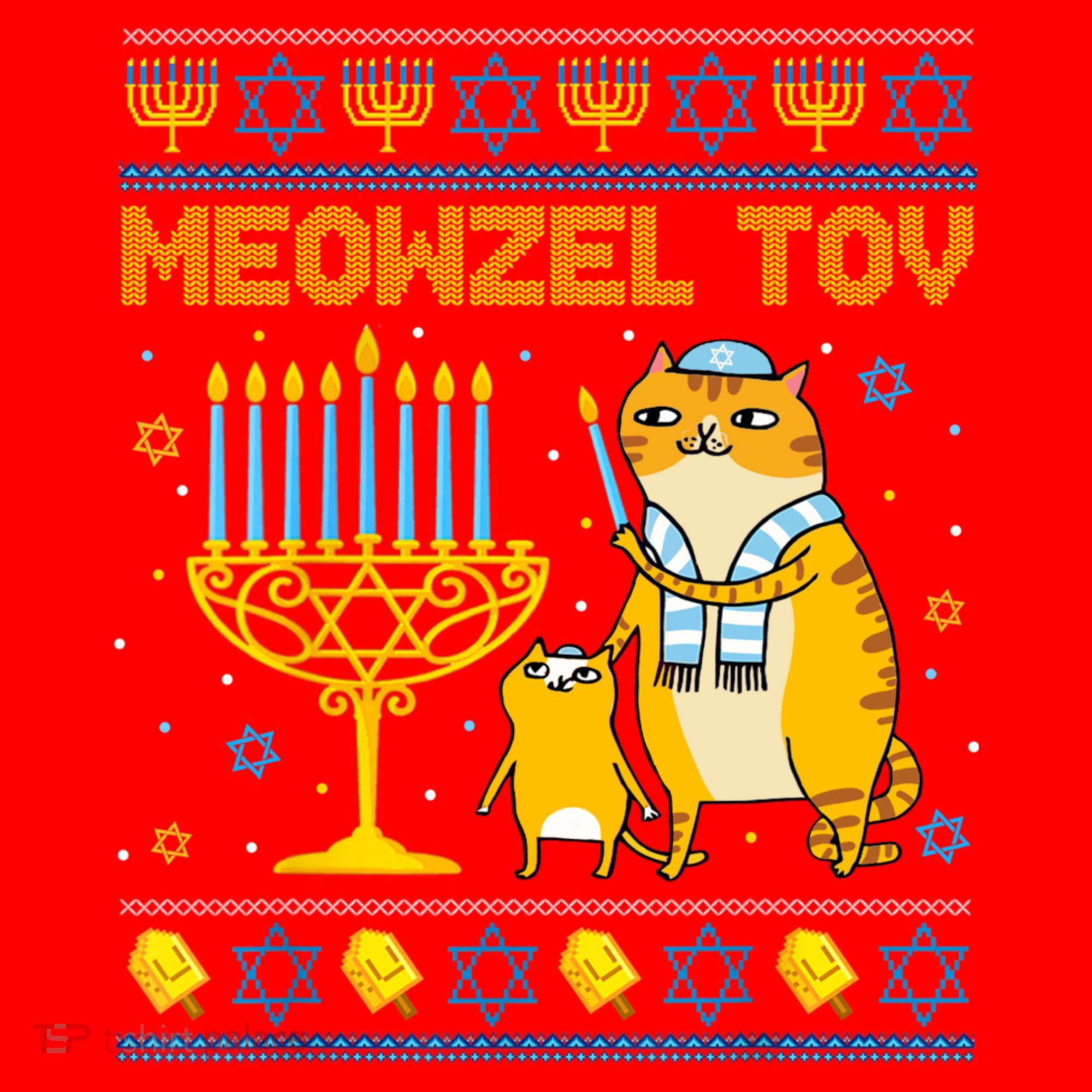 Meowzel Tov Ugly Hanukkah Sweater Cat Chanukah Jew Menorah Santa Hat